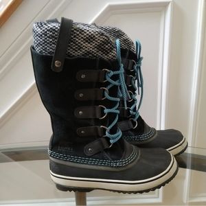 Sorel Joan of Arctic Knit Winter Boots Womens Size 6.5 Black Leather Waterproof